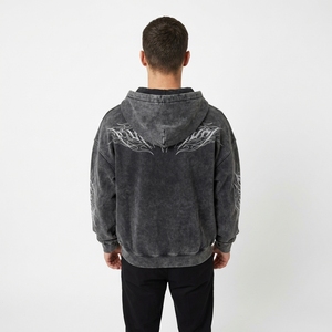 Sweat à capuche vintage oversize en molleton avec fermeture éclair quart de tour, mélange polyester/coton, coupe ample personnalisée, lourd, délavé à l'acide, impression numérique, hiver - Product Image 5