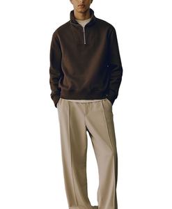 Dark <b>Brown</b> Man's Zip-<b>Top</b> Sweatshirt Stand-Up Collar Dropped Shoulder <b>Long</b> <b>Sleeve</b> Cotton Polyester Jacket Winter Light Regular - Product Image 1