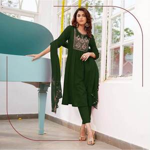 MAGNIFIQUE DESIGN DE BRODERIE GEORGETTE AVEC DUPATTA MEHENDI VERT - Product Image 1