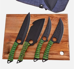 Juego de 4 Cuchillos de Cocina de Acero con Alto Contenido de Carbono, Hechos a Mano, con Hoja de Punta Caída, Acabado Negro Mate, Afilados como Navajas, Grado Industrial, con Mango de Micarta - Product Image 6