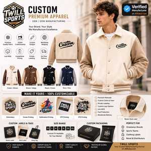 Veste universitaire personnalisée pour homme en laine/polyester beige avec lettres brodées sur le devant, col rabattable, décontractée, coupe-vent pour l'hiver - Product Image 4