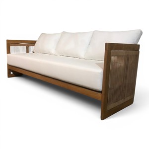 Sofá de 3 Plazas de Madera de Teca Sólida Estilo Moderno de Mediados de Siglo con Cojines de Tela Crema, Brazos Rectos y Respaldo Acolchado para Muebles de Sala de Estar - Product Image 2