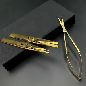 Ensemble de pinces à sourcils et ciseaux à ressort en acier inoxydable de haute qualité, couleur or plasma, 3 pièces, boîte en carton noir, léger et durable - Product Image 2