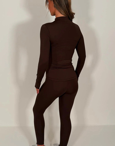 Women's Brown Full Length Yoga Set With Zipper Closure High Waist Leggings And Long Sleeve <b>Top</b> <b>Sweat</b> Wicking Spandex Polyester - Product Image 2