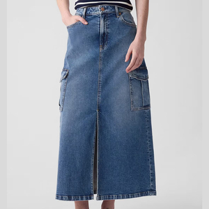 Jupe en jean de haute qualité 2024 pour femme, taille haute, fente latérale, longue, ample, décontractée, en denim, coupe droite, 100% coton, grandes tailles, OEM - Product Image 1