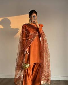 Traditional Indian Pakistani <b>Women's</b> Orange Silk <b>Kurta</b> Set With Embroidered Dupatta Loose Fit Floor-Length Wedding Wear - Product Image 1