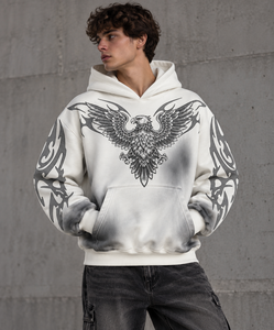 Sweat-shirt à capuche oversize pour homme, imprimé aigle blanc, en coton French Terry, décontracté, avec poches, respirant, coupe hiver - Product Image 1