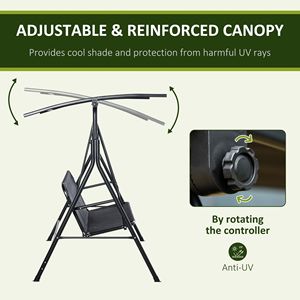 Giardino # # # # Sedia a dondolo da veranda a 2 posti con tettuccio regolabile, braccioli, tessuto Texeline, telaio in acciaio, per esterni, nera - Product Image 6