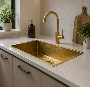 Fregadero de preparación cuadrado de latón hecho a mano, con acabado martillado dorado, para cocina o bar, de un solo tazón, para instalar bajo encimera, con un solo grifo, tipo lavabo utilitario. - Product Image 1