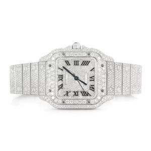 นาฬิกาควอตซ์สแตนเลสสตีลทรงเหลี่ยมแบบฮิปฮอป ประดับเพชร พร้อมหน้าปัดกระจก ดีไซน์หรูหรา สำหรับขายส่ง - Product Image 1