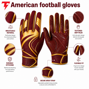 Full Finger American Football <b>Sports</b> <b>Gloves</b> Maroon Gold PU Non-Slip Hook And Loop Closure Men All Seasons - Product Image 6