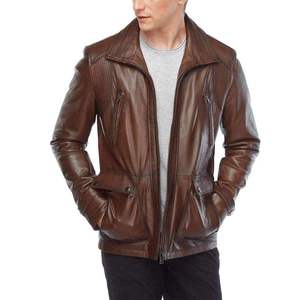 Veste moto en cuir véritable marron pour homme, col montant, fermeture éclair, coupe ajustée, pour l'automne - Product Image 4