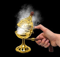 Quemador de Incienso de Metal y Latón Religioso Más Vendido con Mango de Madera, Vajilla con Impresión UV, Color Personalizable, Estilo Europeo para el Hogar
