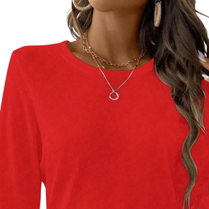 <b>Red</b> Lace Trim <b>Blouse</b> <b>Women</b> Three Quarter Sleeve Round Neck Solid Color Pullover Shirt for Daily Wear - Product Image 4