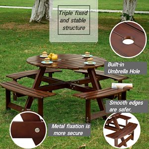 Outdoor 6-Person <b>Round</b> Picnic <b>Table</b> with 3 Built-In Benches Umbrella Hole <b>Garden</b> <b>Table</b> Bench Set for Picnics - Product Image 6