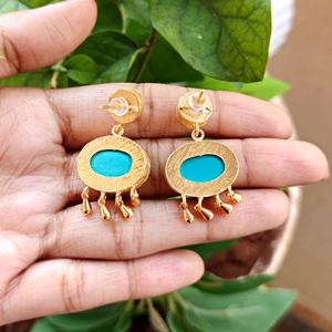 Handcrafted turquoise pearl chandelier <b>earring</b> 18k gold plated brass metal bezel set dangle pushback artisan fashion ear jewelry - Product Image 3