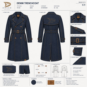 Abrigo de mezclilla índigo crudo para hombre, estilo gabardina, doble botonadura, largo, con cinturón, estilo streetwear, ropa exterior - Product Image 6