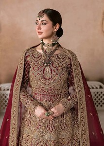 Ensemble Lehenga Brodé Bordeaux Robe de Mariée Manches Longues Coupe A-Line Anarkali avec Dupatta en Tulle Tenue de Mariée - Product Image 2