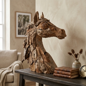 Handcrafted <b>wooden</b> horse head sculpture rocky <b>rustic</b> teak driftwood animal bust statue table floor accent decoration spaces unit - Product Image 3