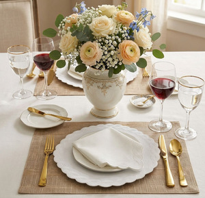 Sets de Nappes et Serviettes en Lin Traditionnel Brodé Lavable Personnalisé, Motif Géométrique, Bordure Festonnée Blanche, pour Mariage, Vente en Gros - Product Image 3