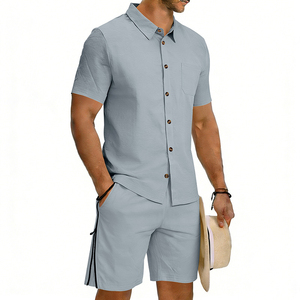 Men's White Cotton Short Sleeve <b>Shirt</b> And Shorts Set Casual Summer Outfit Breathable Woven Solid <b>Color</b> Two Piece Suit - Product Image 5