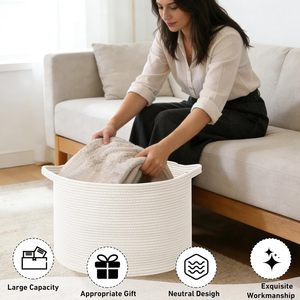 65L Large Woven Cotton Rope Nursery <b>Basket</b>, Laundry <b>Basket</b> Laundry Hamper with Handles,Blanket <b>Basket</b> <b>Storage</b> Bin for Toys - Product Image 2