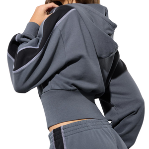 Custom Womens <b>Cropped</b> Full <b>Zip</b> Hoodie Two Tone Fleece Sweatshirt with Contrast Sleeve Panels Exposed Seams and Wide Ribbed Waist - Product Image 2