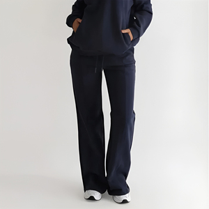 Pantalon large pour femme avec poches, taille haute, léger, en molleton de coton bleu, style décontracté - Product Image 2