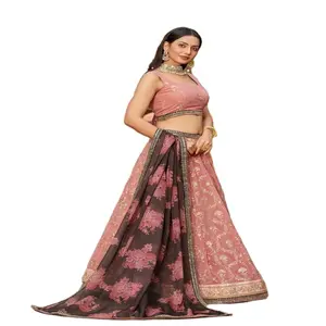 Nieuwste Feestkleding Roze-Bruine Kleur Semi-Gestikte Georgette Lehenga Choli | Traditie Dragen Lehenga Choli Fabrikant Uit India |
