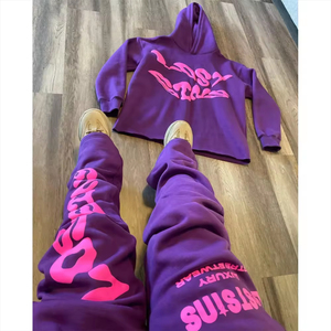 Conjunto Deportivo Personalizado de Felpa 100% Algodón, Sudadera con Capucha Estampada Extra Grande, Pantalones Deportivos con Efecto Lavado Ácido, Corte Acampanado, para Hombre, Primavera/Invierno - Product Image 1