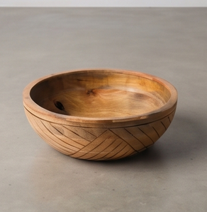 Natural Finish <b>Mango</b> <b>Wood</b> Serving <b>Bowl</b> Round Salad <b>Bowl</b> with Carved Exterior Geometric Angled Line Pattern - Product Image 1