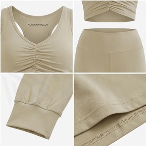 North Approach 2 Piece Yoga Set Ruched Tank Top High Waist Wide Leg Pants Solid Beige Breathable Seamless Women's Sportswear - Product Image 4