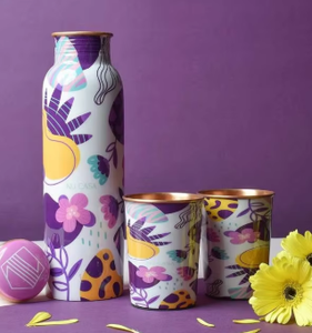 Floral Copper <b>Water</b> <b>Bottle</b> With Lid Portable Travel Drinkware - Product Image 2