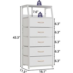 Commode en tissu blanc avec 5 tiroirs, tour de rangement verticale pour chambre à coucher - Product Image 2