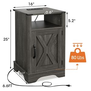 Dark Gray <b>Rustic</b> Wooden Farmhouse Nightstand Tall <b>Bedside</b> End <b>Table</b> with Electrical Outlets and Charging Station - Product Image 4