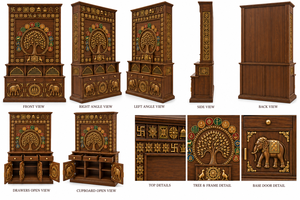 Mandir en bois de teck Vedic Tree Kalpavriksha, unité de temple en bois sculpté lourdement, pour la maison, finition noyer foncé, armoire de prière, en vente au Royaume-Uni - Product Image 5