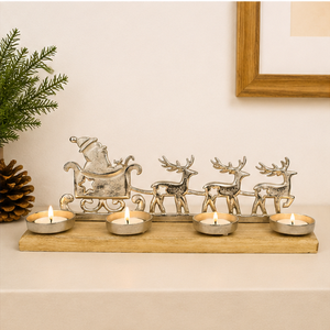 Support de bougie de Noël en métal argenté en forme de renne avec base en bois de manguier naturel, support de bougie chauffe-plat festif Père Noël, vente en gros - Product Image 3