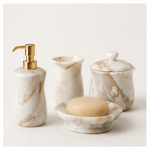 Natural White Marble Bathroom Accessory <b>Set</b> 4 Piece Handcrafted Modern <b>Set</b> with Gold Pump <b>Soap</b> Dispenser <b>Soap</b> Dish For Hotel - Product Image 6
