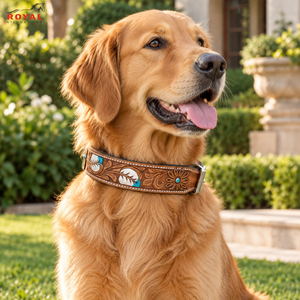 Collar de Cuero para Perro con Diseños Florales Tallados al Estilo Western |   Collar Ajustable para Mascotas con Hebillas Plateadas, Hecho a Mano - Product Image 2