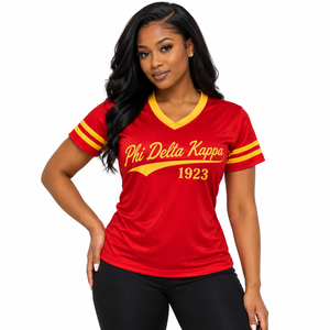 Camiseta Deportiva de Fútbol para Mujer PDK, Manga Corta, Cuello en V, con Emblema Decorativo y Franjas en las Mangas - Product Image 1