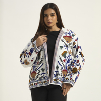 Jaket Bordir Suzani Putih Motif Bunga untuk Wanita, Model Terbuka di Depan, Gaya Boho, Mantel Katun Buatan Tangan, Kerah Lipat Gaya Prairie Chic