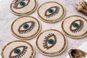 Round Embroidered Eye <b>Coaster</b> Set Textile Drink Mat Mediterranean Style Durable Home Decor - Product Image 2