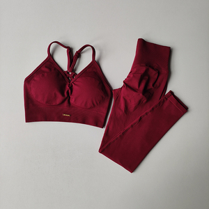 <b>Seamless</b> Solid Hip Lifting Fitness 2-Piece Women's V-neck Bra <b>Leggings</b> Yoga Set Breathable Knitted Quick Drying Exercise Iron - Product Image 2