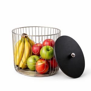 Wire Fruit <b>Basket</b> with Lid Round Metal Storage <b>Basket</b> Silver Black Kitchen Counter Organizer for Fruits <b>Vegetables</b> Snacks Dining - Product Image 1