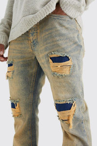 New Antique Wash Slim Flare Rigid PU Biker Rip and Repair Denim <b>Jeans</b> for Men Stylish Stacked Black Distressed Denim <b>Jeans</b> - Product Image 6