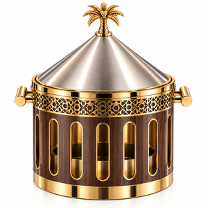 Plat à chafing de luxe de style arabe en acier inoxydable et bois avec couvercle conique en forme de palmier - Product Image 1
