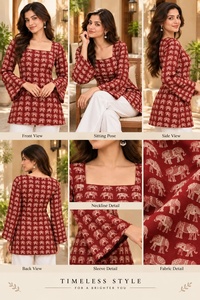 Red Elephant Print <b>Bell</b> Sleeve Tunic Square Neck Cotton Blend Casual <b>Dress</b> Women Empire Waist Flared Hem All Seasons Wear - Product Image 5