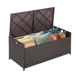Panca Contenitore Moderna in Legno Massello per Patio con Cuscino e Rivestimento con Cerniera, Capacità 34 Galloni, per Uso Esterno in Parchi e Hotel - Product Image 1