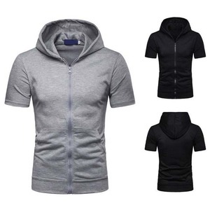 <b>Men's</b> Hooded Zip-Up <b>Short</b> <b>Sleeve</b> Sweatshirt Slim Fit Solid Color Casual Summer Knitted Polyester/Cotton Top Quality - Product Image 1
