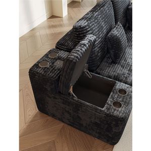 Divano Componibile a 5 Posti con 2 Pouf, Larghezza 150 cm, Comodo Divano a U in Tessuto di Velluto a Coste NERO per Soggiorno - Product Image 6